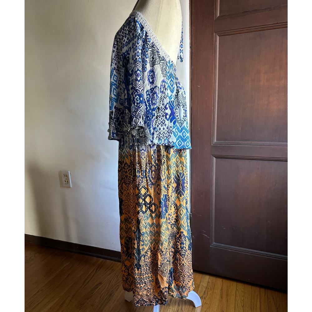 RAGA | Blue and Mustard Boho Tiered Midi Halter Neck Ruffle Sundress | Small - Picture 4 of 7